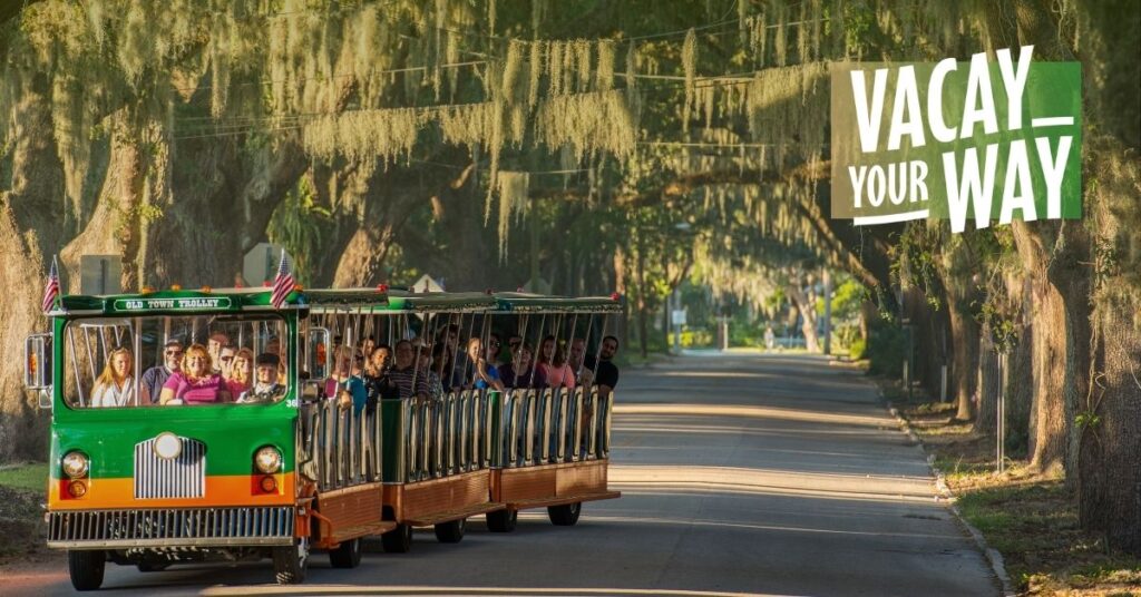 St. Augustine trolley driving past a row of oak trees and Vacay Your Way