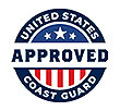 logo with stars and stripes in background and in the foreground, the words 'United States Coast Guard Approved'