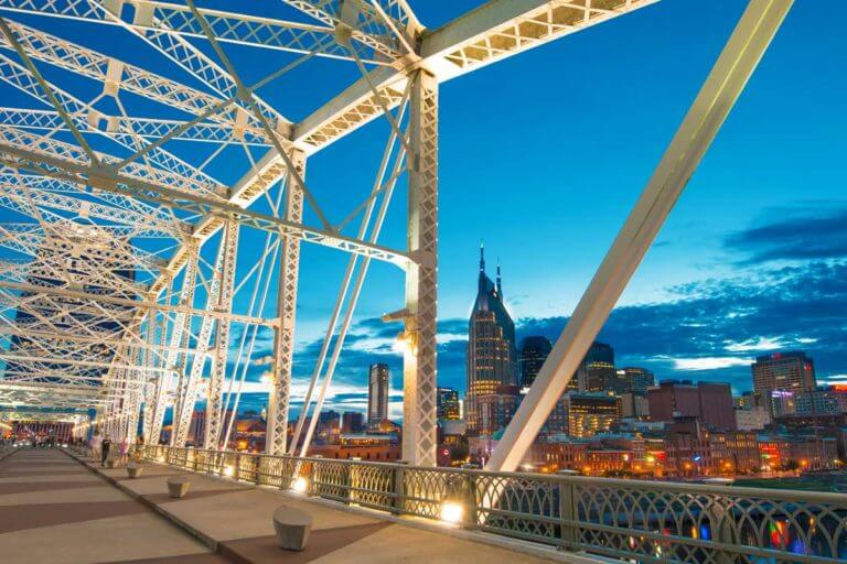 view from pedestrian bridge at night during first time visit to nashville