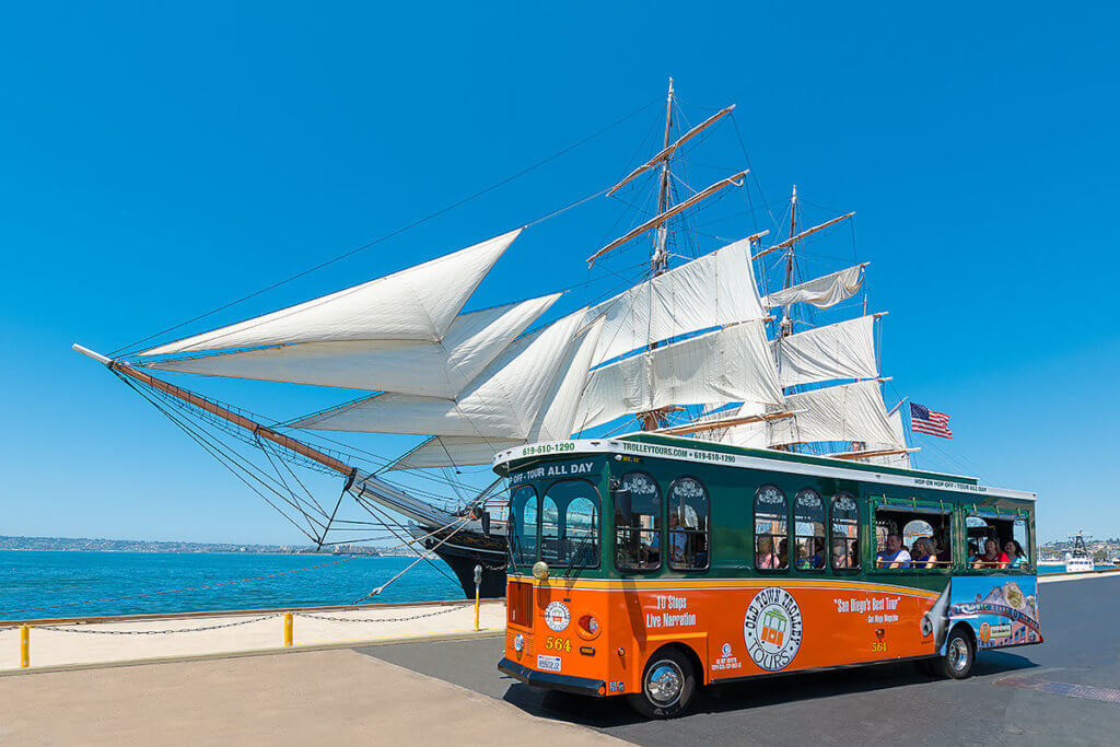 picture of san diego trolley in front of star of india tall ship