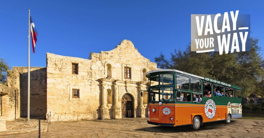 San Antonio trolley in front of the Alamo and Vacay Your Way