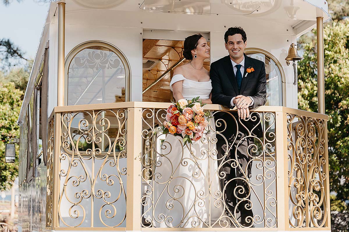 San Diego couple and wedding trolley