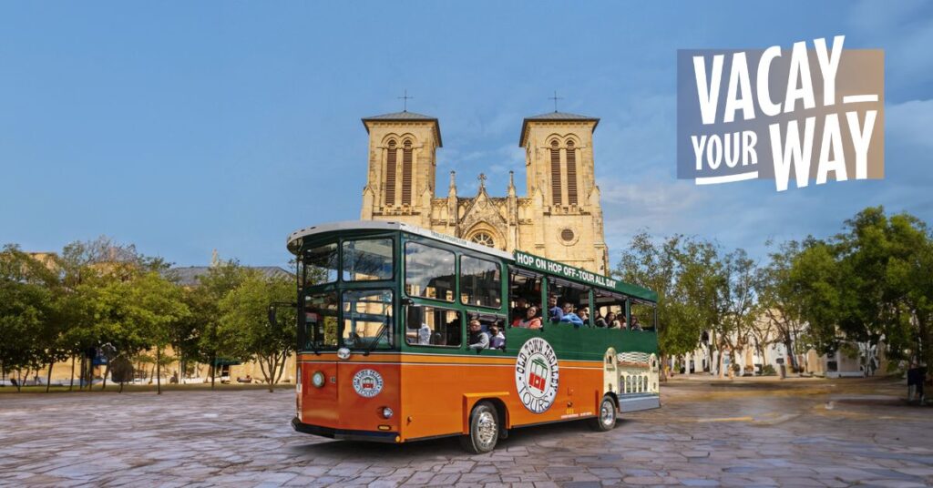 San Antonio Old Town Trolley in front of San Fernando Cathedral and Vacay Your Way