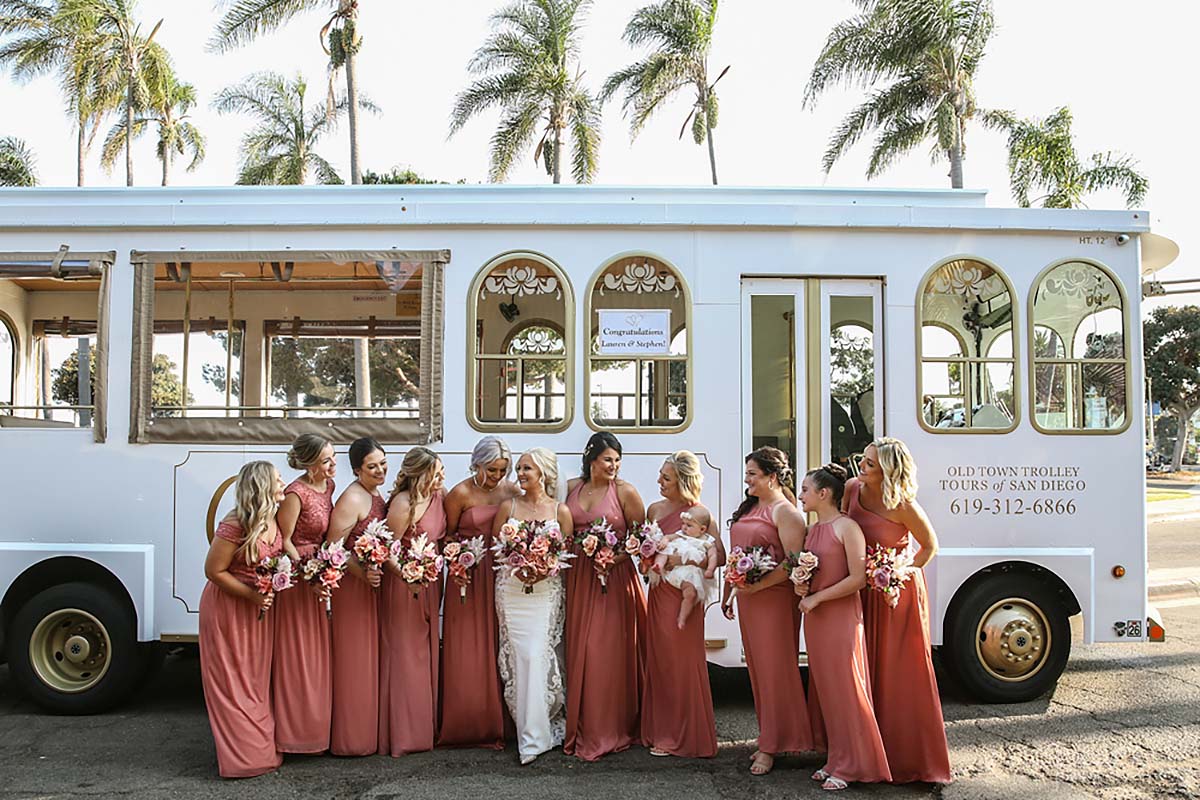 San Diego wedding bridesmaids and trolley