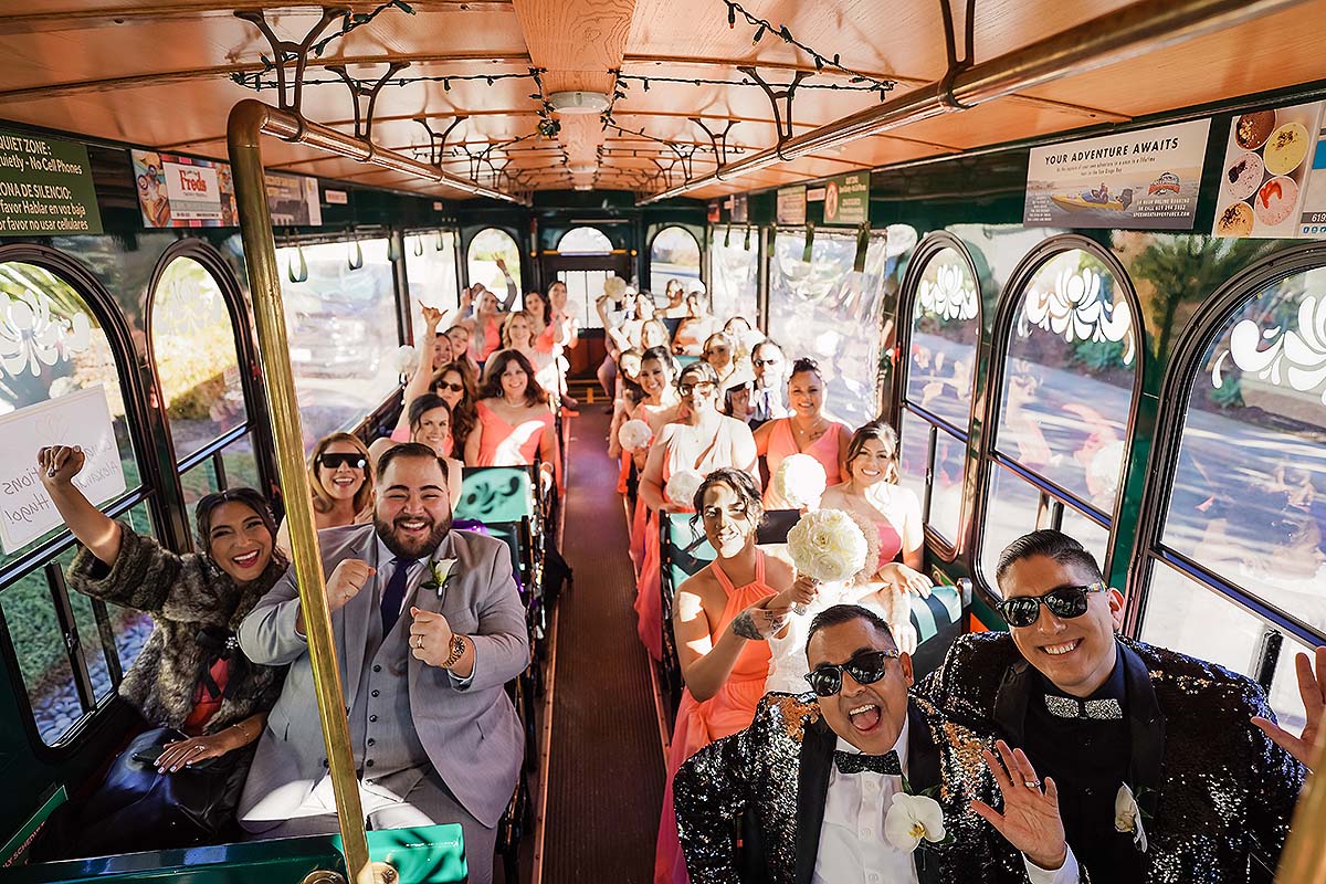 San Diego wedding party inside trolley