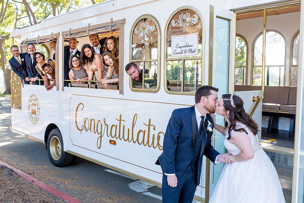 San Diego wedding trolley, couple and party