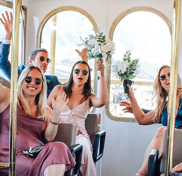 San Diego wedding party inside trolley