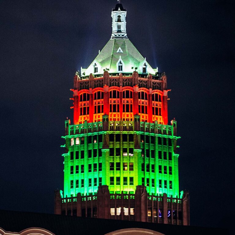 San Antonio tower life building lit up for holidays