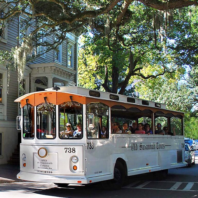 Old Savannah Tours trolley riding around Savannah