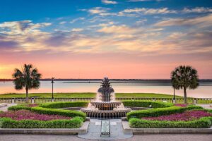 Iconic pineapple fountain Charleston, featuring cascading water