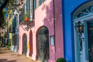 Colorful historic houses line Rainbow Row in Charleston